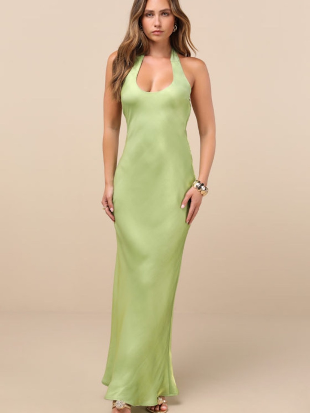 Lulus Lashay Light Green Satin Halter Mermaid Maxi Dress - Size S